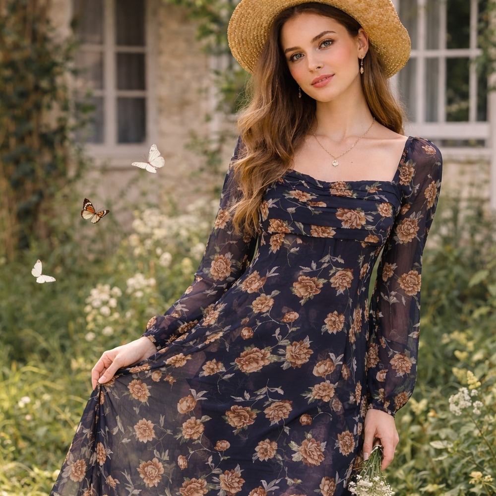 Abercrombie and Fitch Emerson Chiffon Dress Sz‎ M Petite Sheer Romantic Cottage